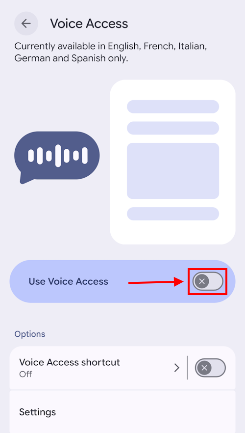Tap the toggle switch for Use Voice Access